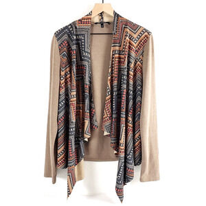 Morning Apple SIZE L Faux Suede Tan Southwestern Aztec Cardigan Open Sweater